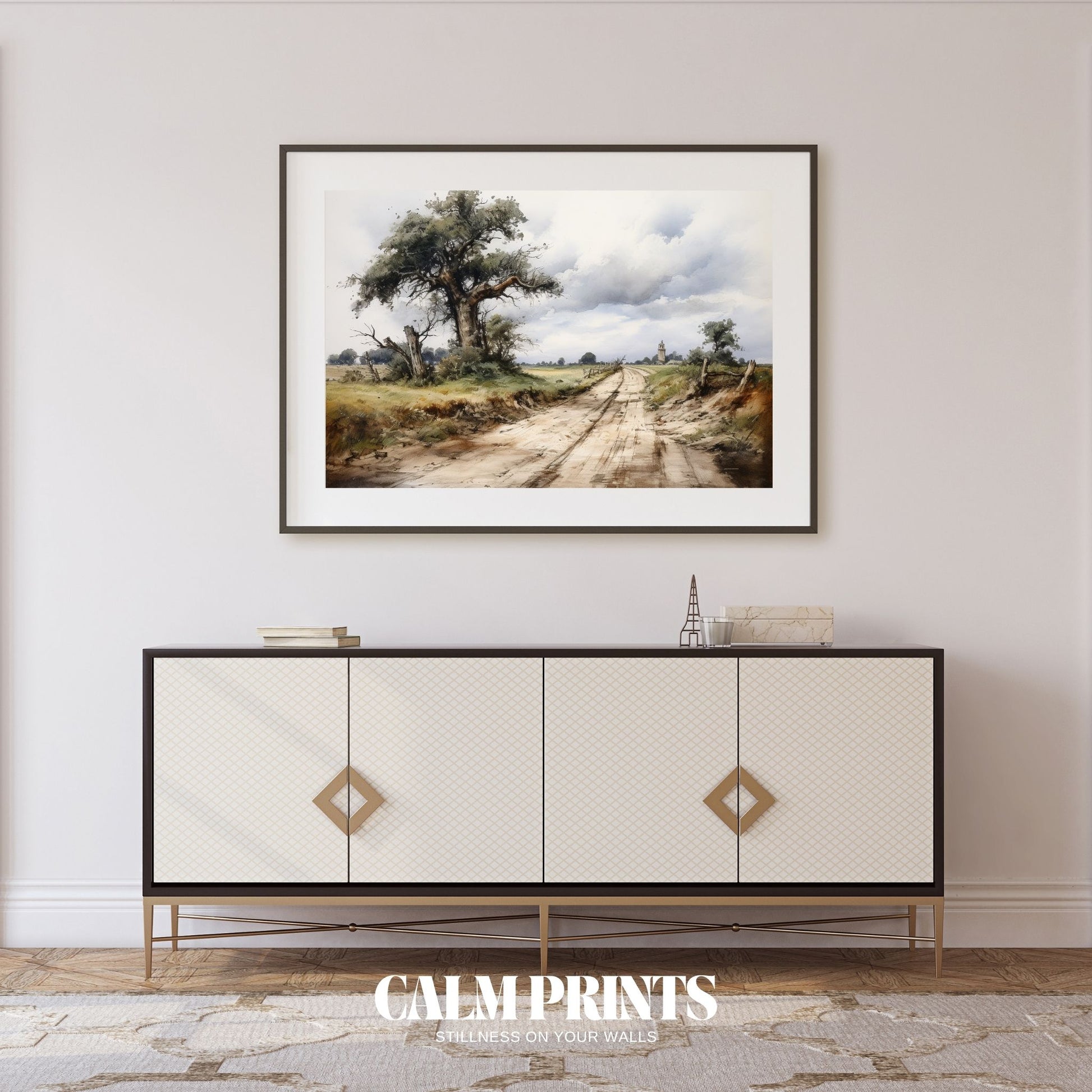 Artwork of a scenic country path beneath a towering tree and old tower
