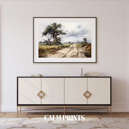 Artwork of a scenic country path beneath a towering tree and old tower
