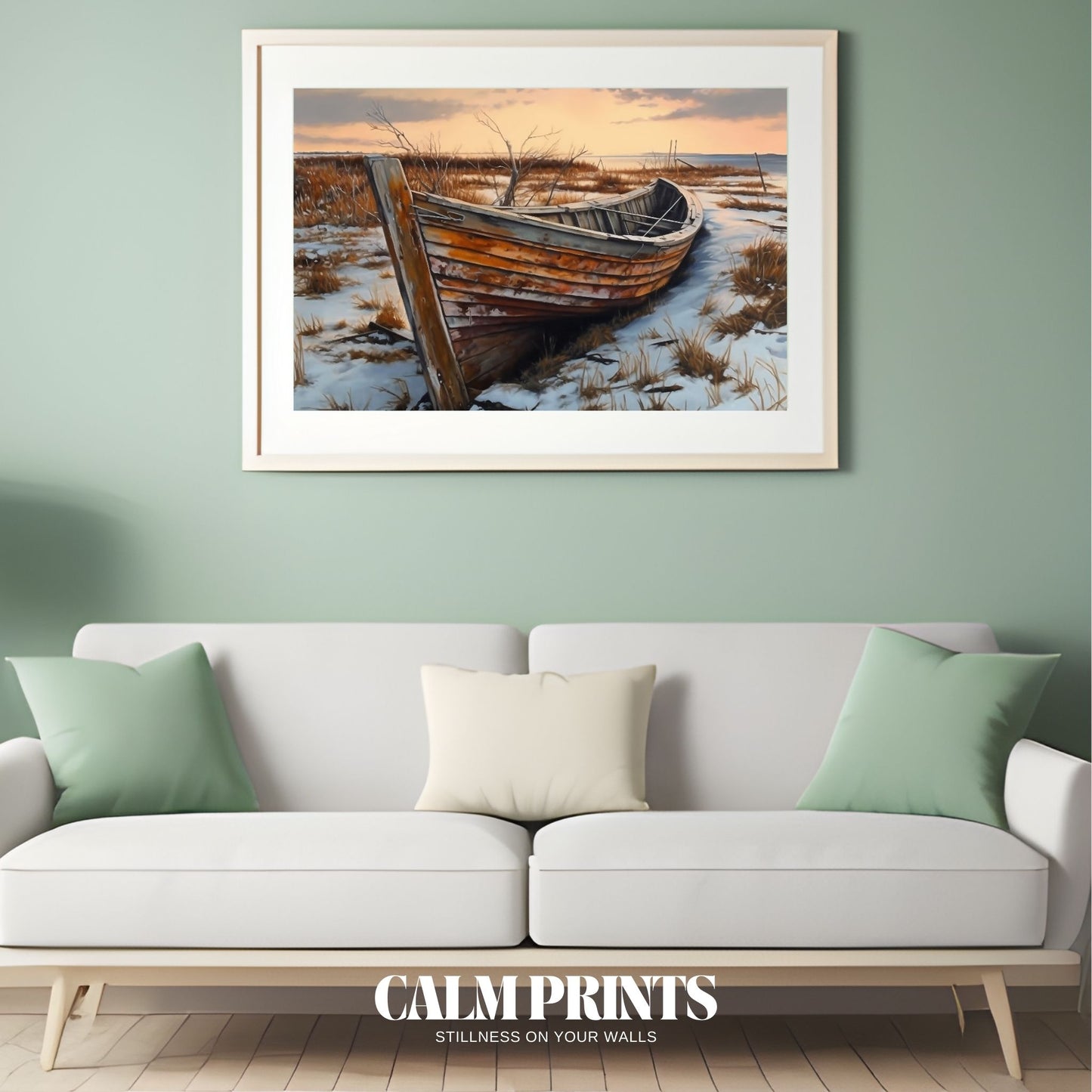 Seaside artwork of an old rowboat abandoned near the shoreline