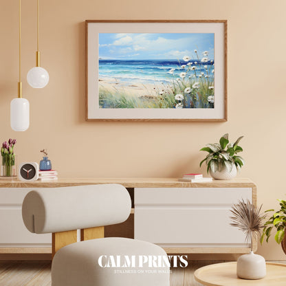 Seaside garden scene with white flowers overlooking the calm ocean
