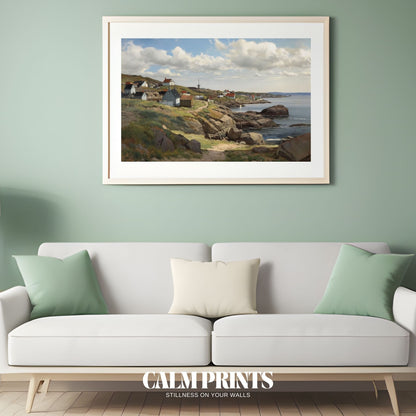 Artwork of coastal houses lined along the edge of a quiet blue sea
