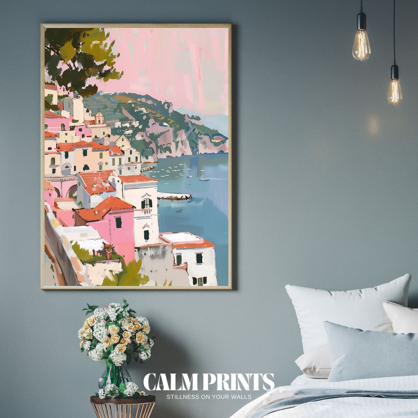 Landscape print of a harmonious coastal village with soft natural light

