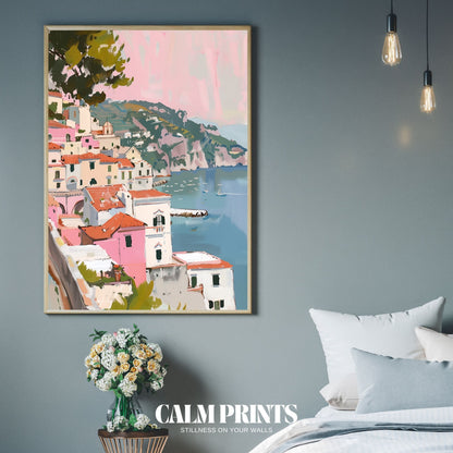 Landscape print of a harmonious coastal village with soft natural light
