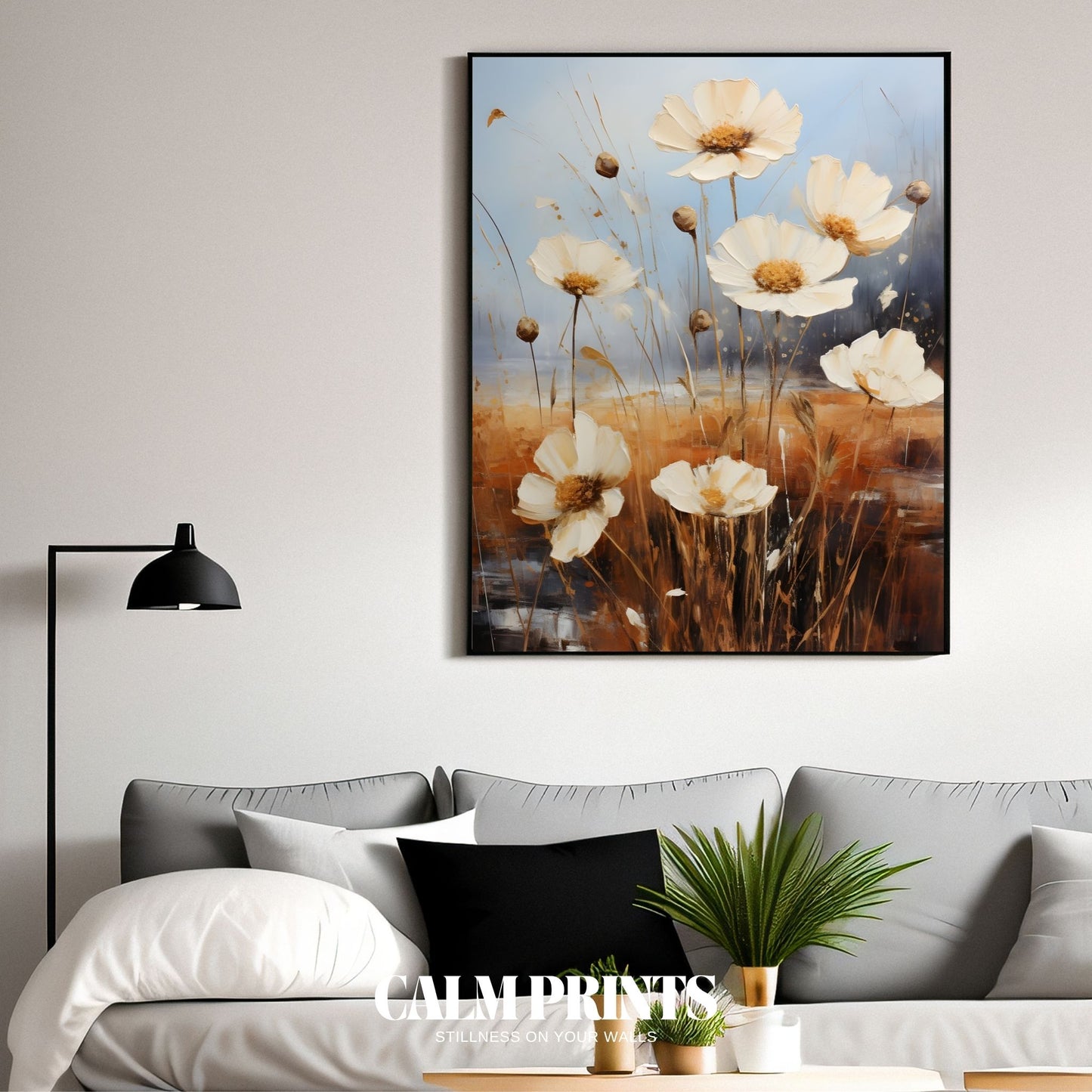 Poster of seasonal white blooms surrounded by golden and russet leaves
