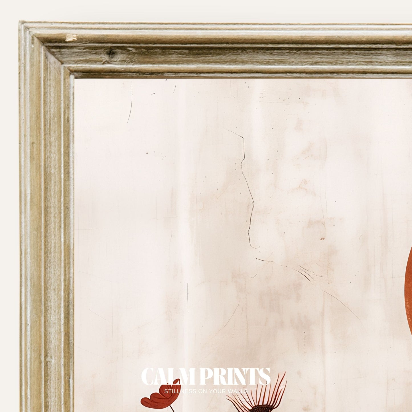 Serene abstract landscape print featuring a glowing red sun