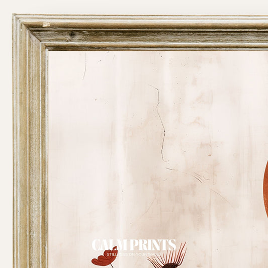 Serene abstract landscape print featuring a glowing red sun