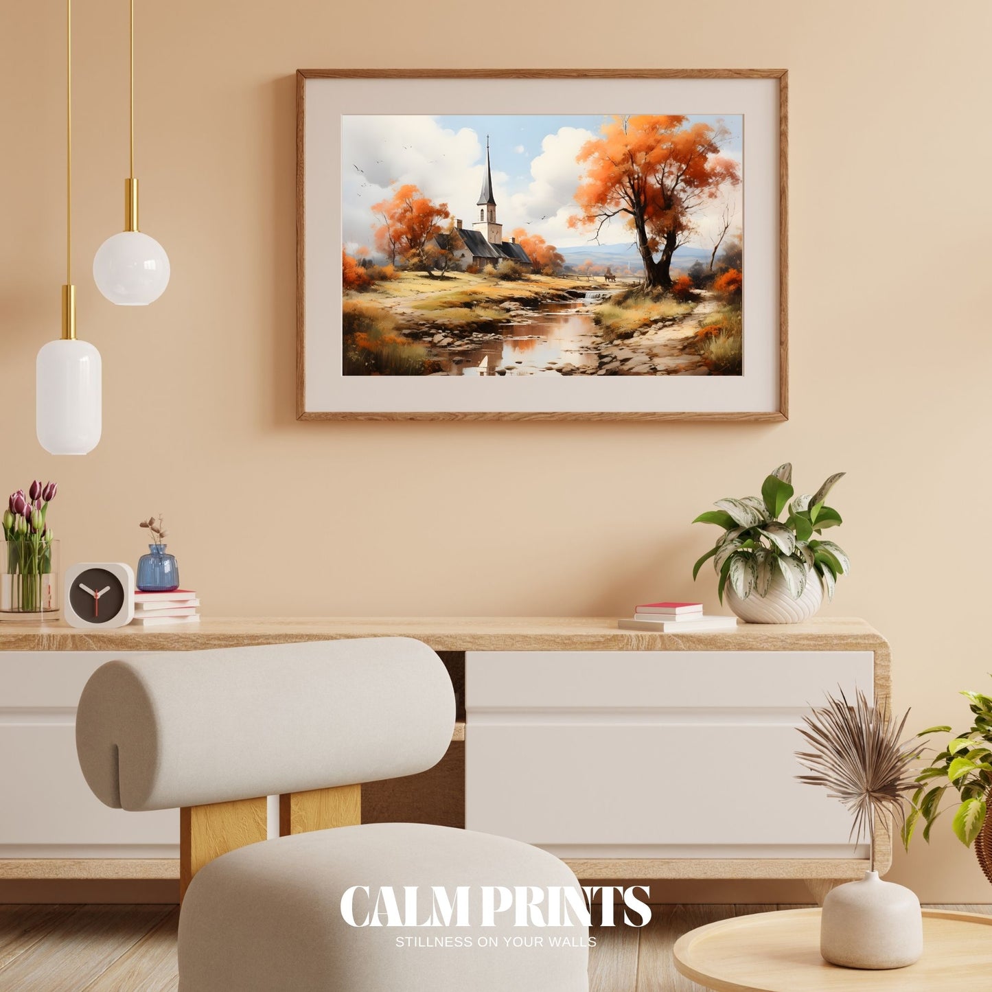 Serene view of a small chapel beside a gently flowing creek in autumn