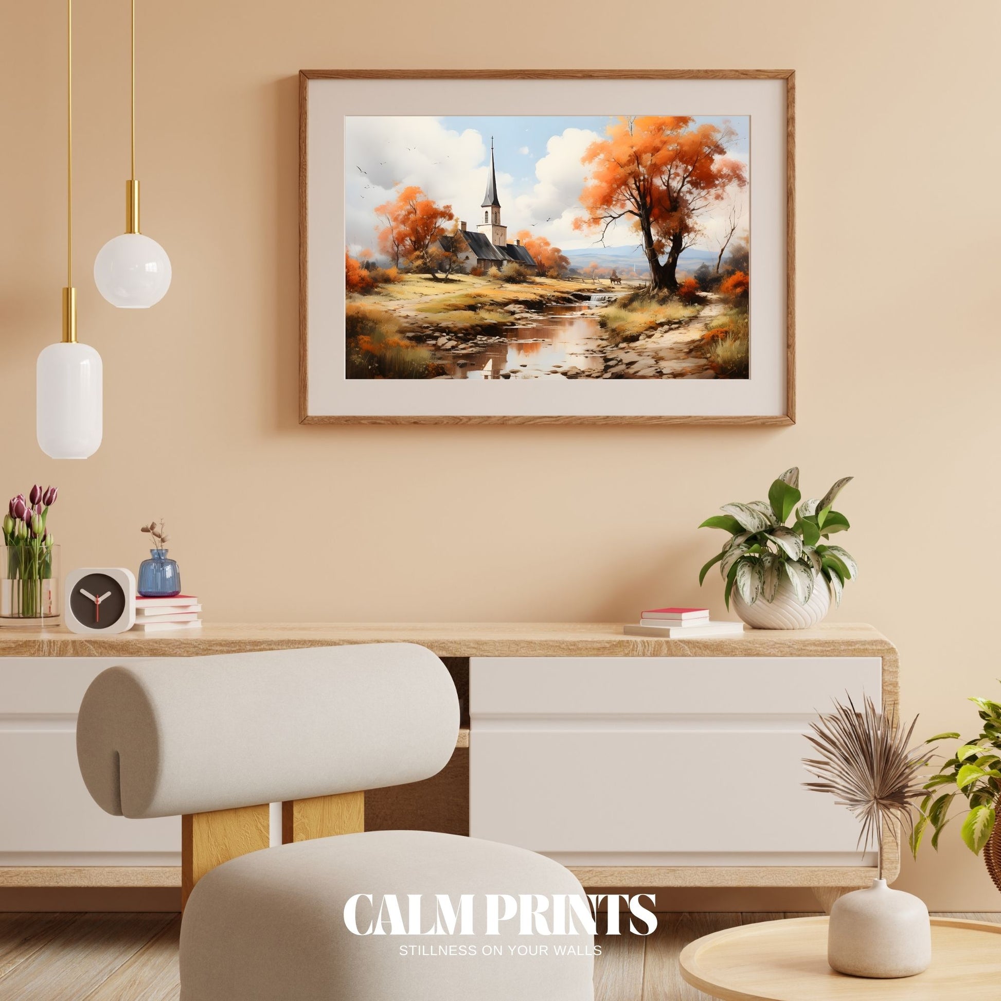 Serene view of a small chapel beside a gently flowing creek in autumn