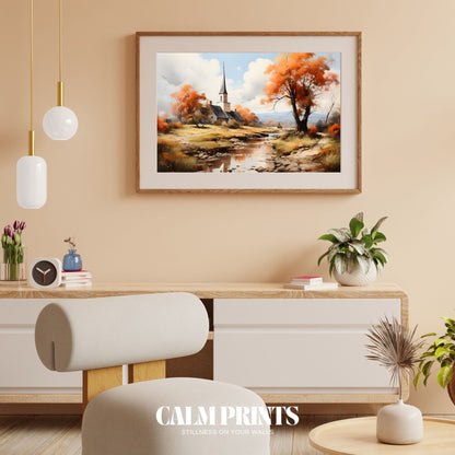 Serene view of a small chapel beside a gently flowing creek in autumn