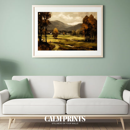Wall art featuring a serene autumn view of trees and open land