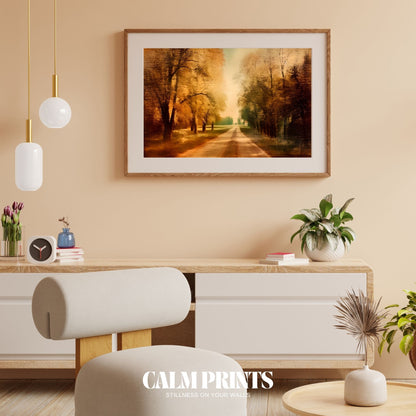 Print of a serene autumn walk through peaceful, sunlit woods
