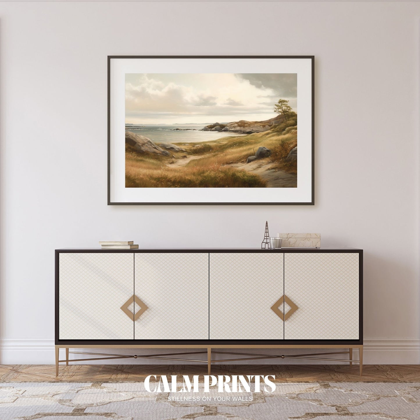 Painting of a calm beach and coastline with soft skies and quiet waves
