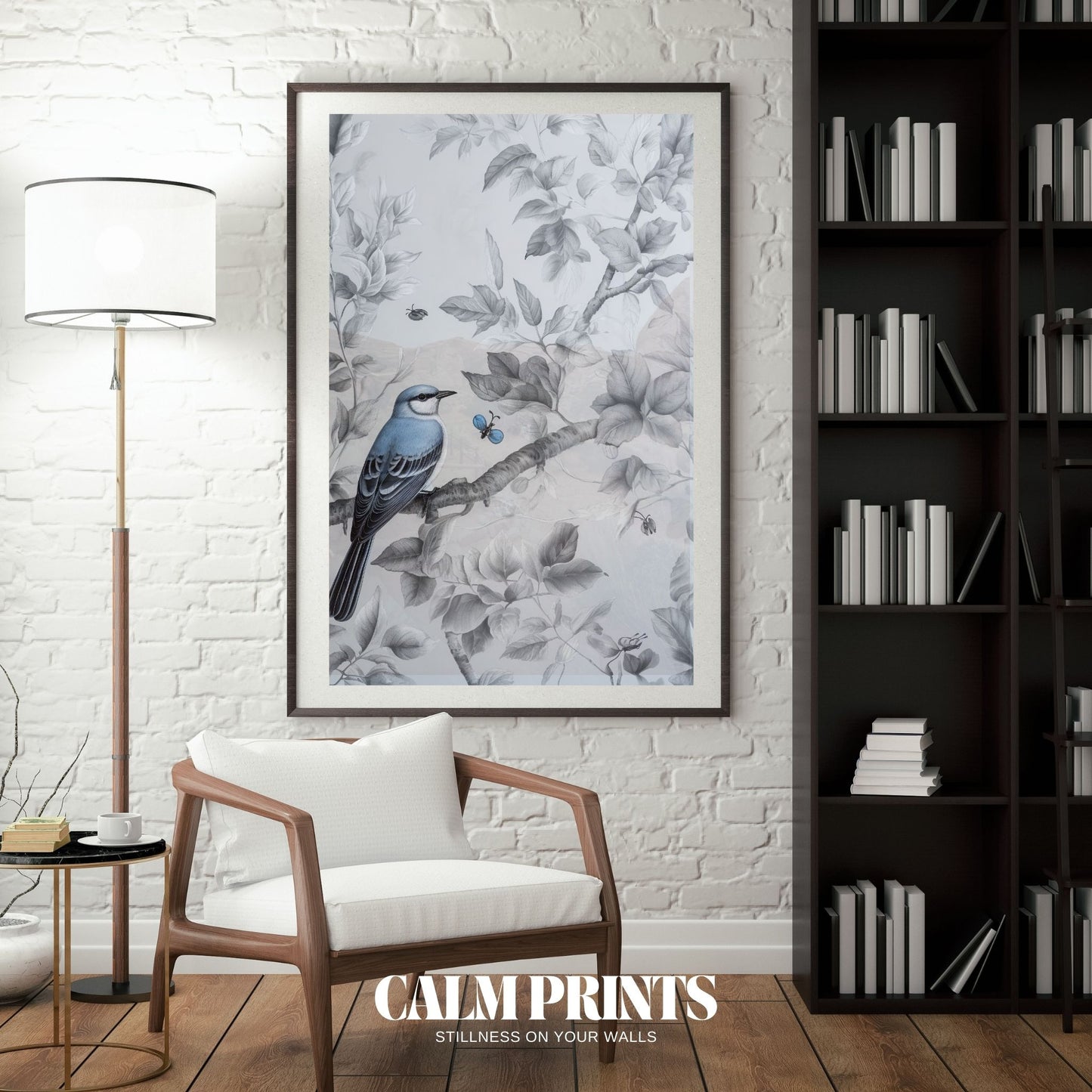 Serene artwork of a blue bird sitting quietly among leafy textures
