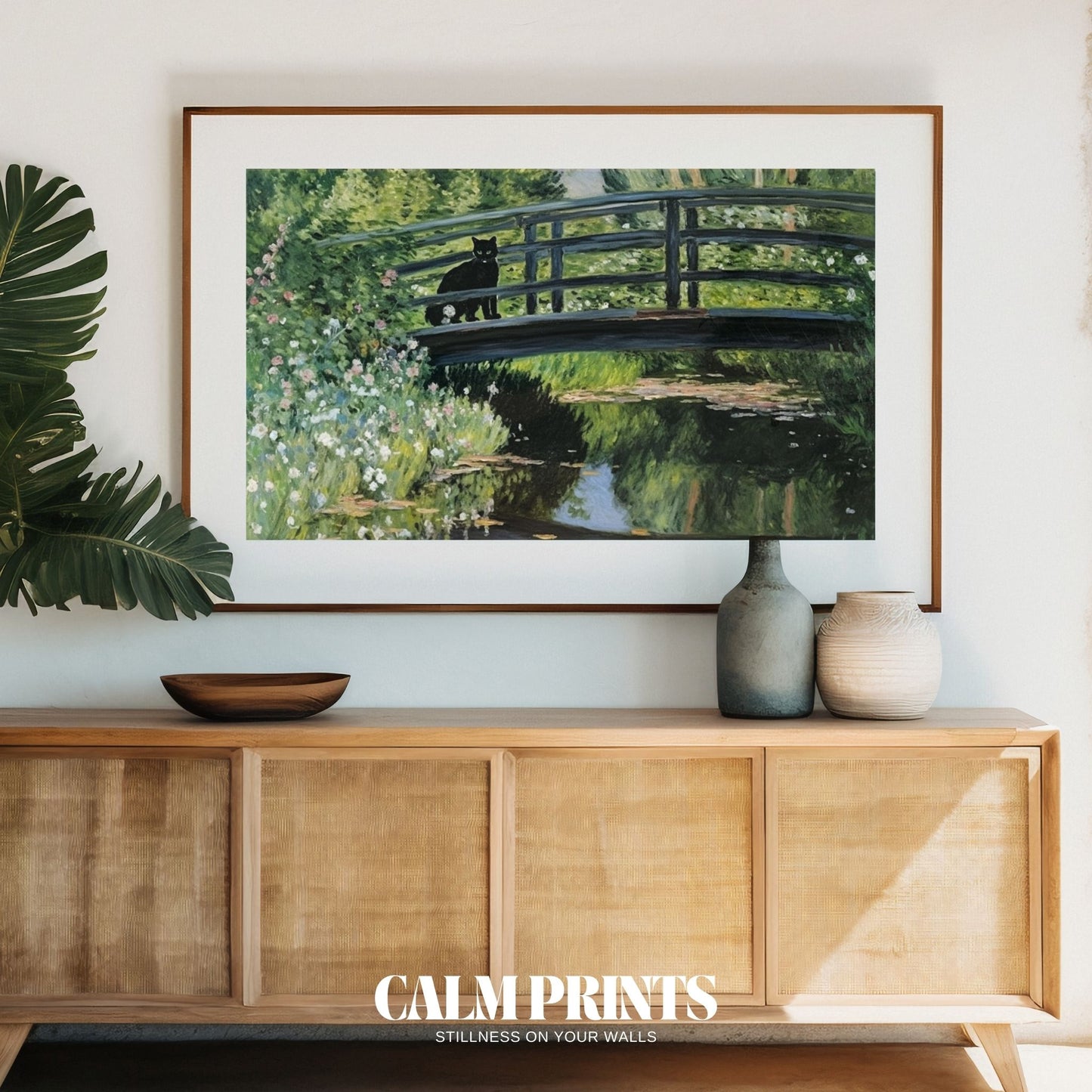 Art of a serene garden where a cat pauses mid-bridge under soft light
