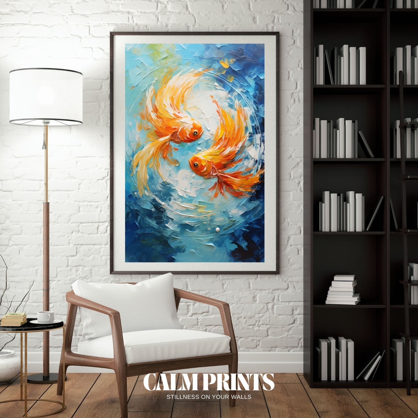 Artwork capturing the serene movement of koi fish in colourful water

