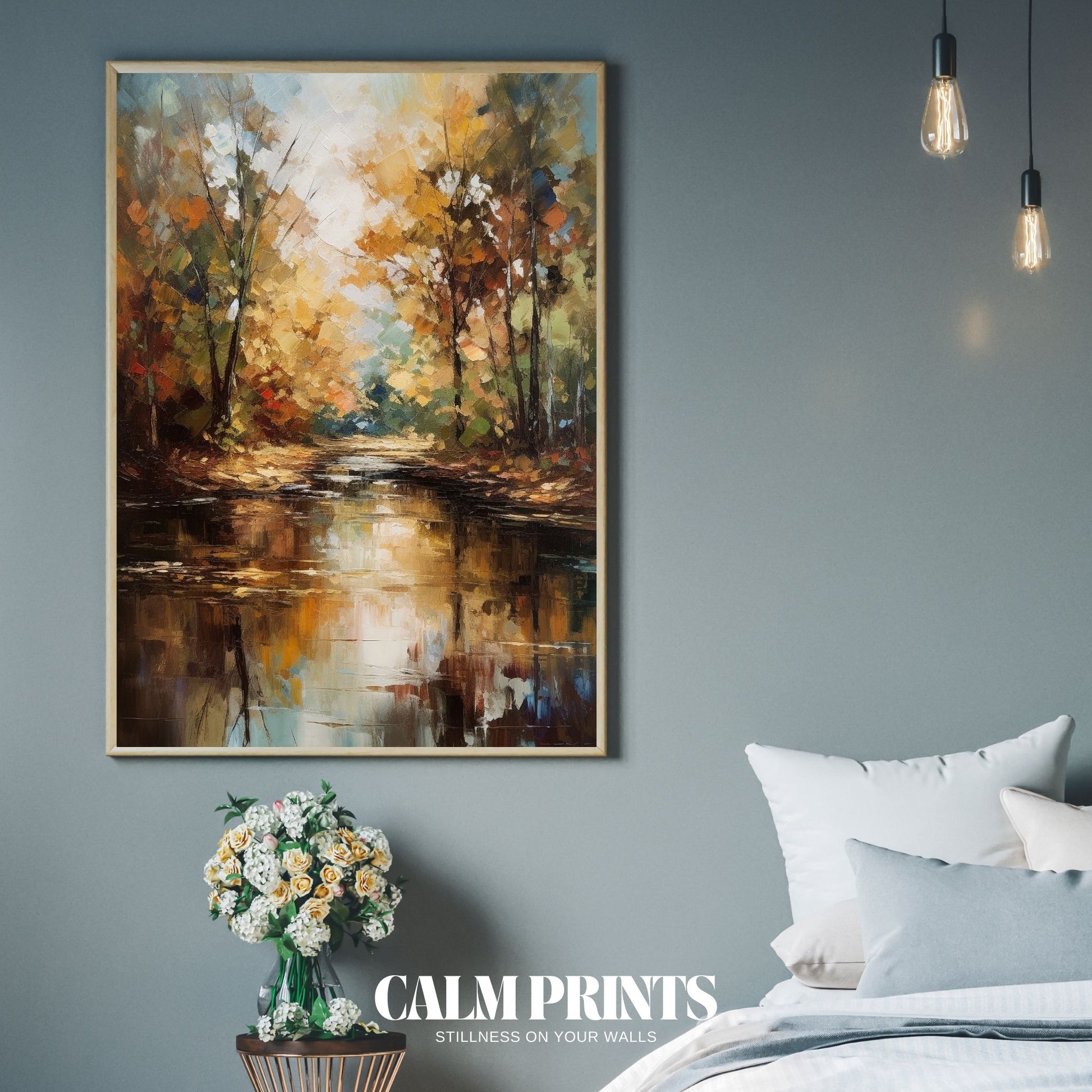 Serene lakeside moment captured in warm autumnal light and reflection