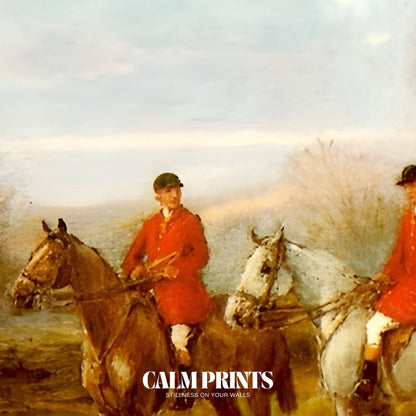 Artwork of a serene outdoor moment with hunters and gentle hills
