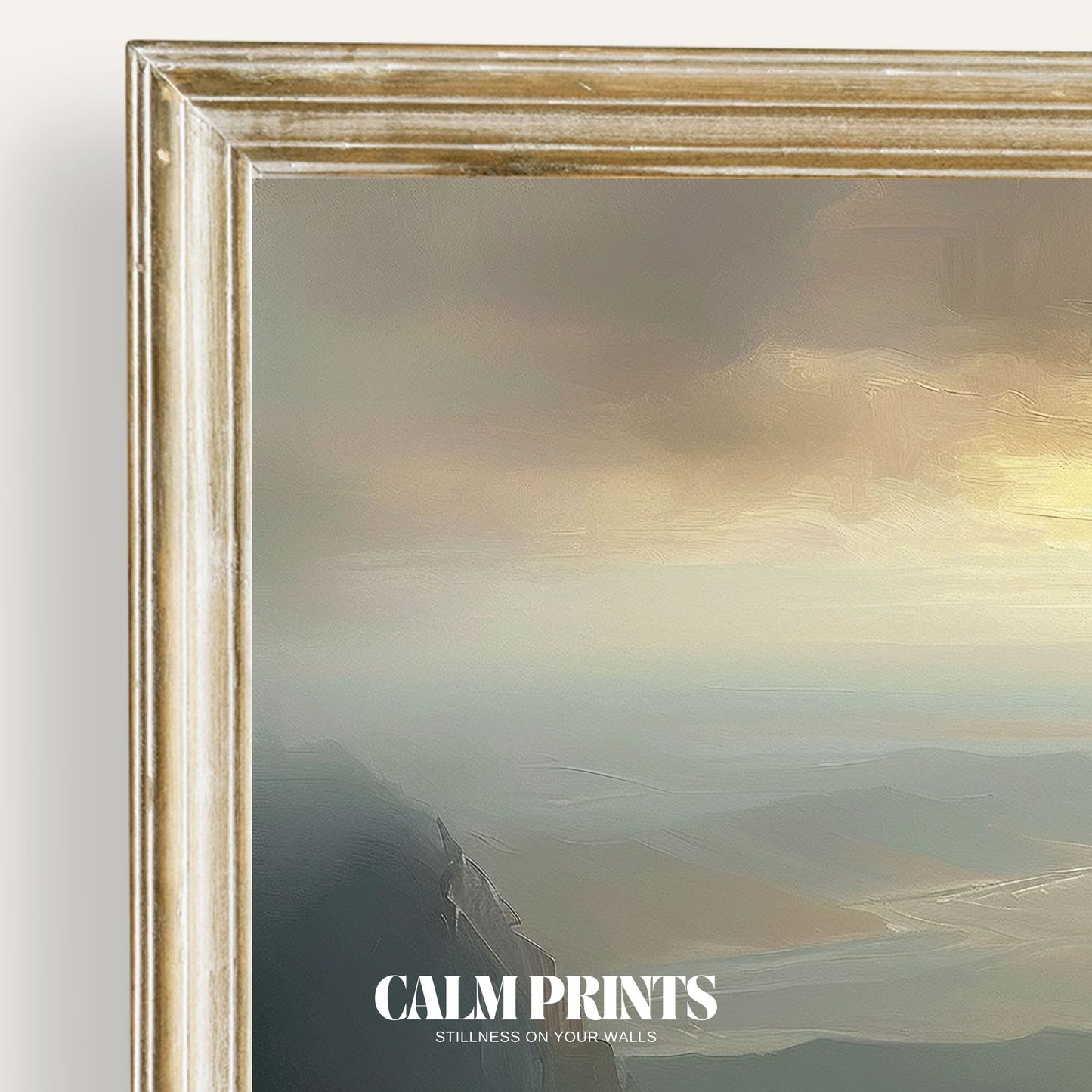 Print of a serene mountain peak evoking a moment of quiet reflection
