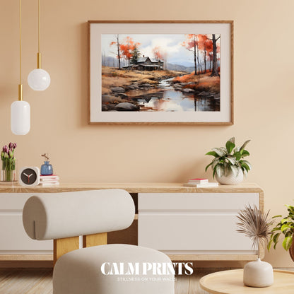 Serene river view with a small autumn cabin in natural surroundings