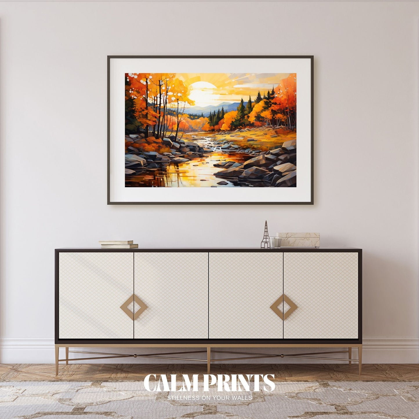 Serene river scene at sunset framed by rich autumn tones