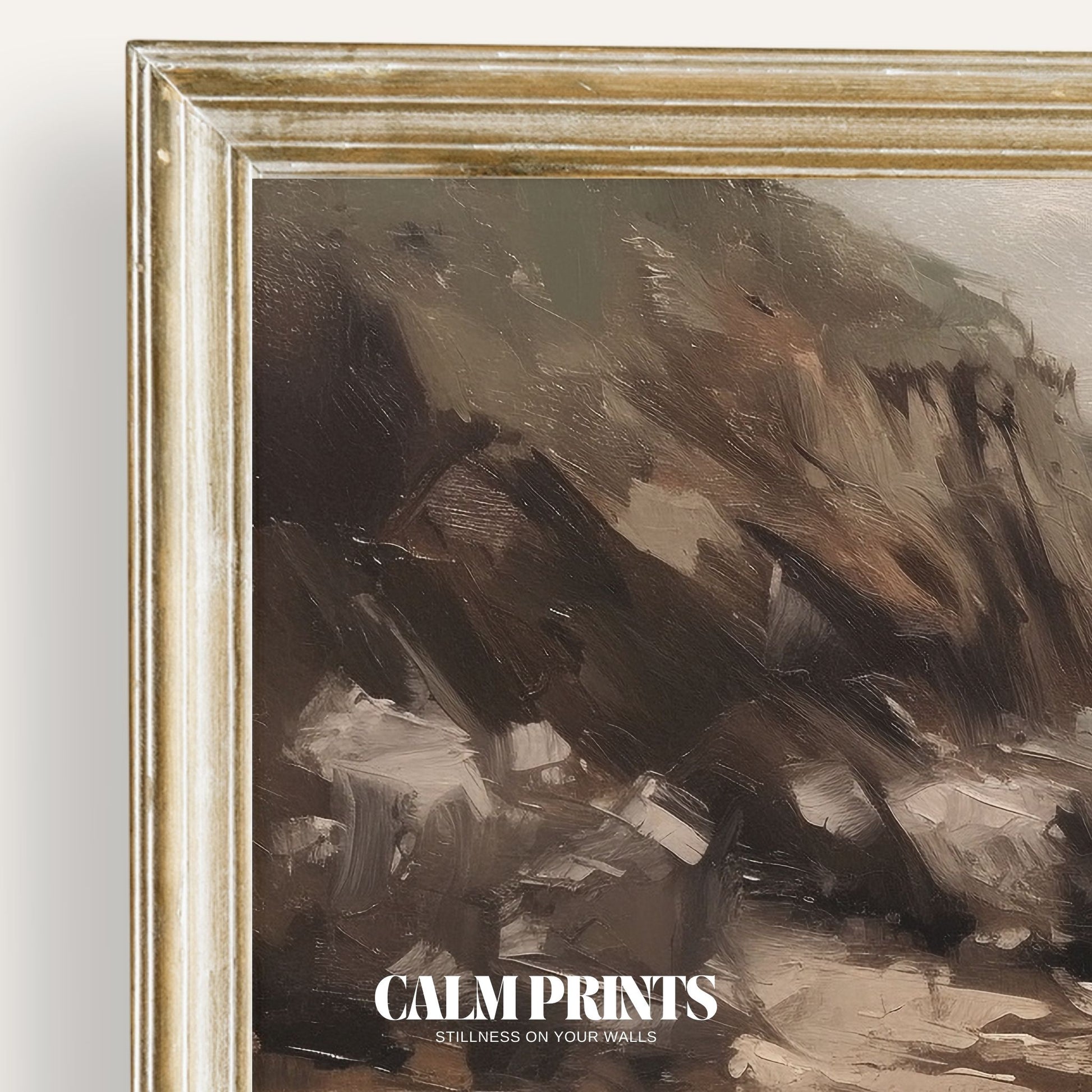 Art print of a serene seaside scene with calm waters and open skies
