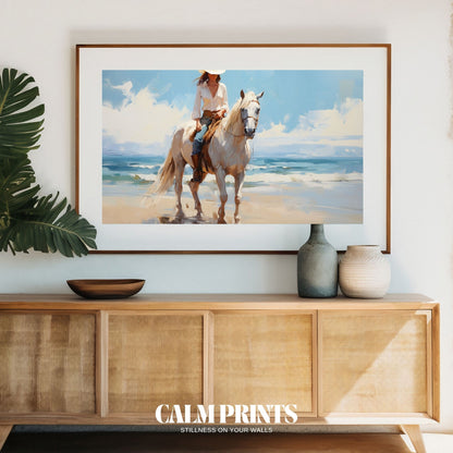 Artwork of a western cowgirl enjoying a serene seaside ride under clear skies
