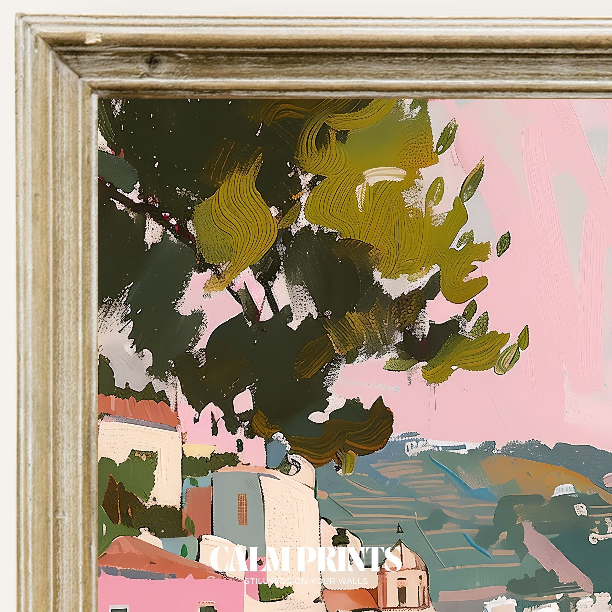 Print of a serene seaside village nestled quietly along the coast
