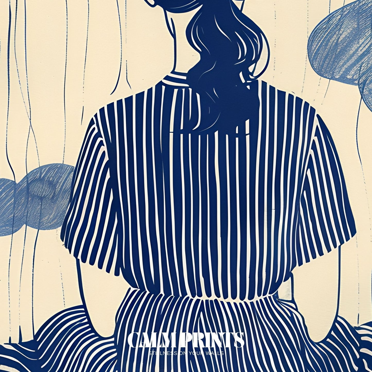 Serene artwork expressing emotion through a blue-toned silhouette
