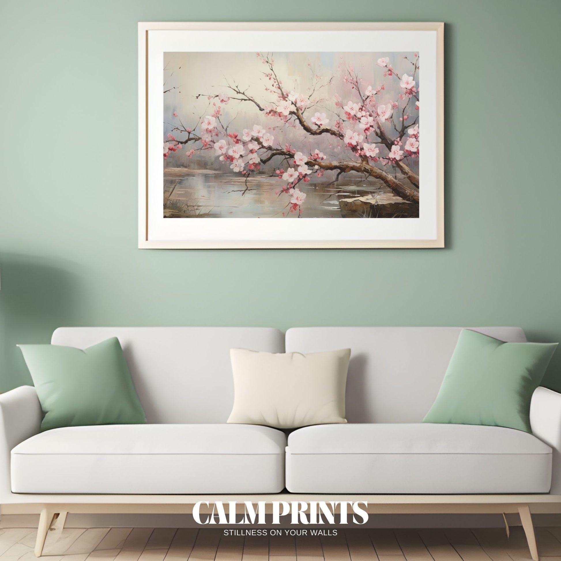 Serene nature scene of cherry blossoms and soft ripples on the water
