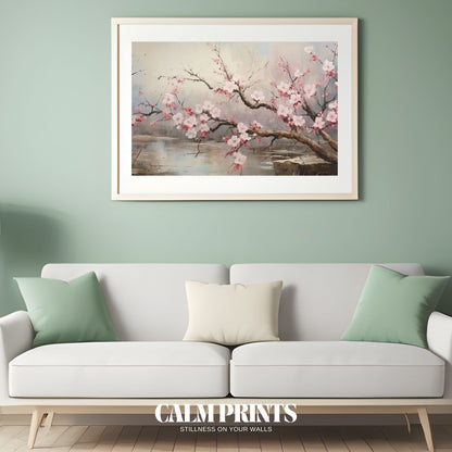 Serene nature scene of cherry blossoms and soft ripples on the water
