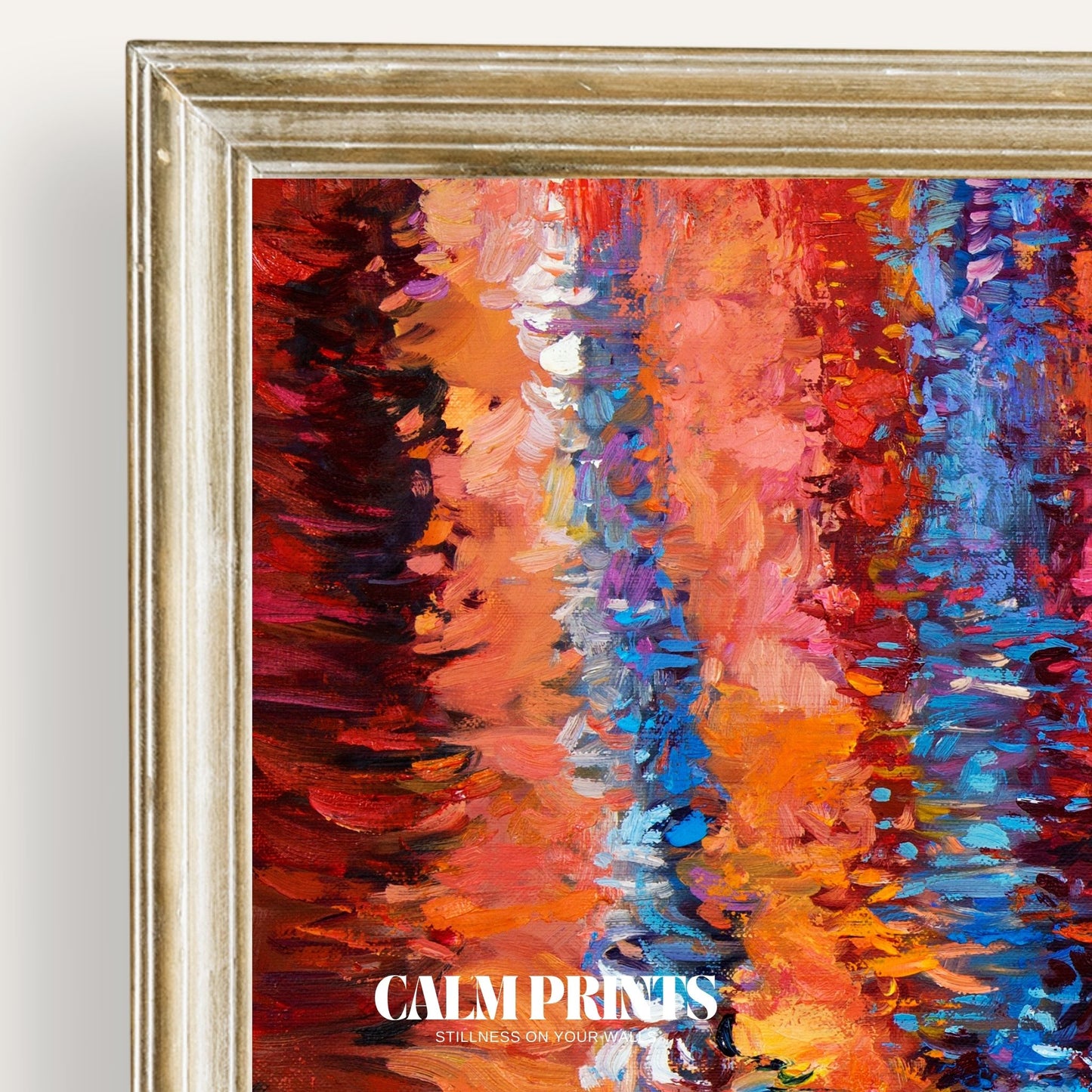 Serene scene of colourful reflections on still, glassy water
