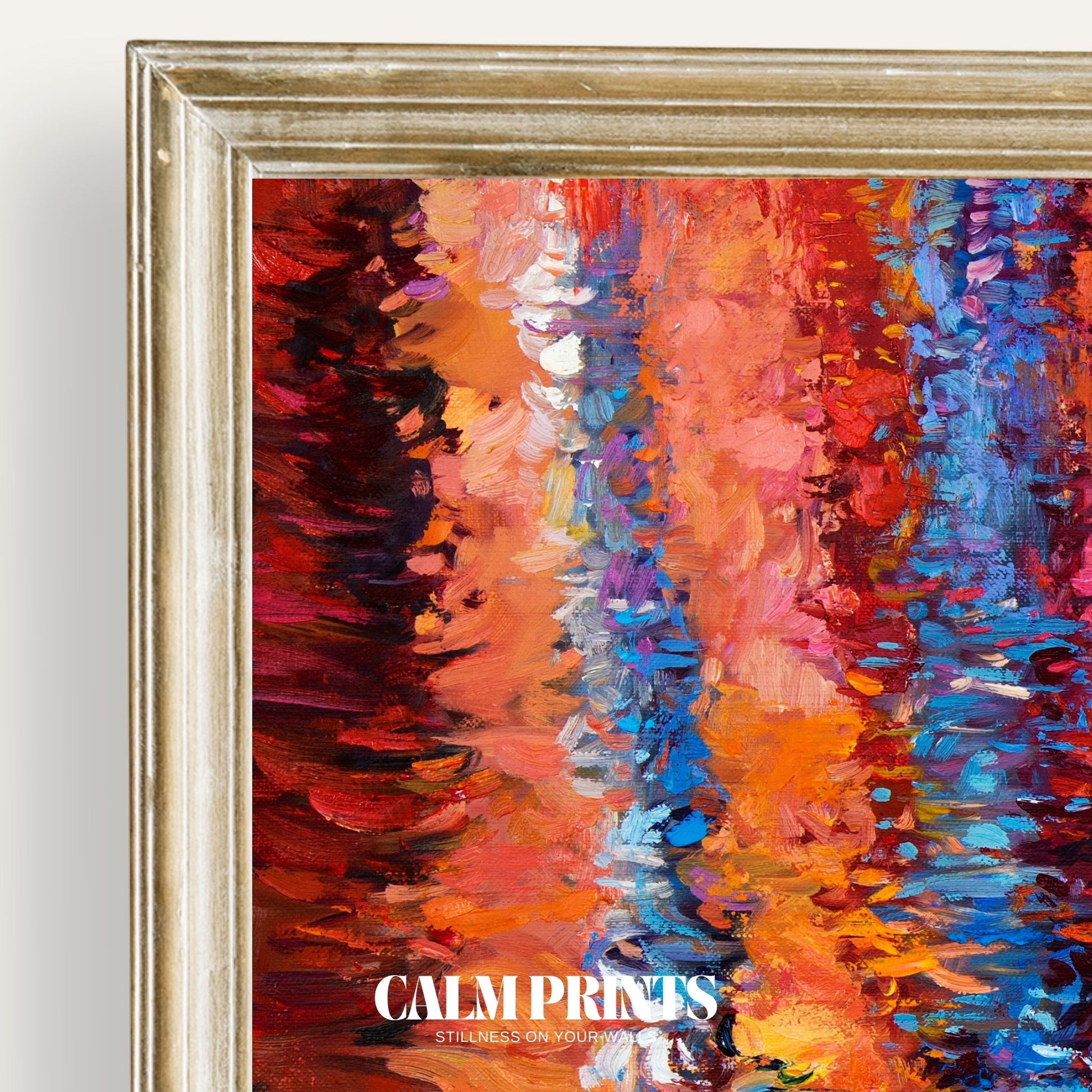 Serene scene of colourful reflections on still, glassy water
