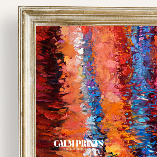 Serene scene of colourful reflections on still, glassy water
