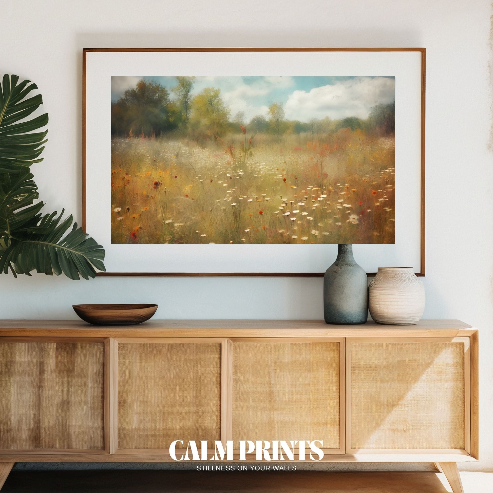 Serene haven of wildflowers spreading across a tranquil meadow
