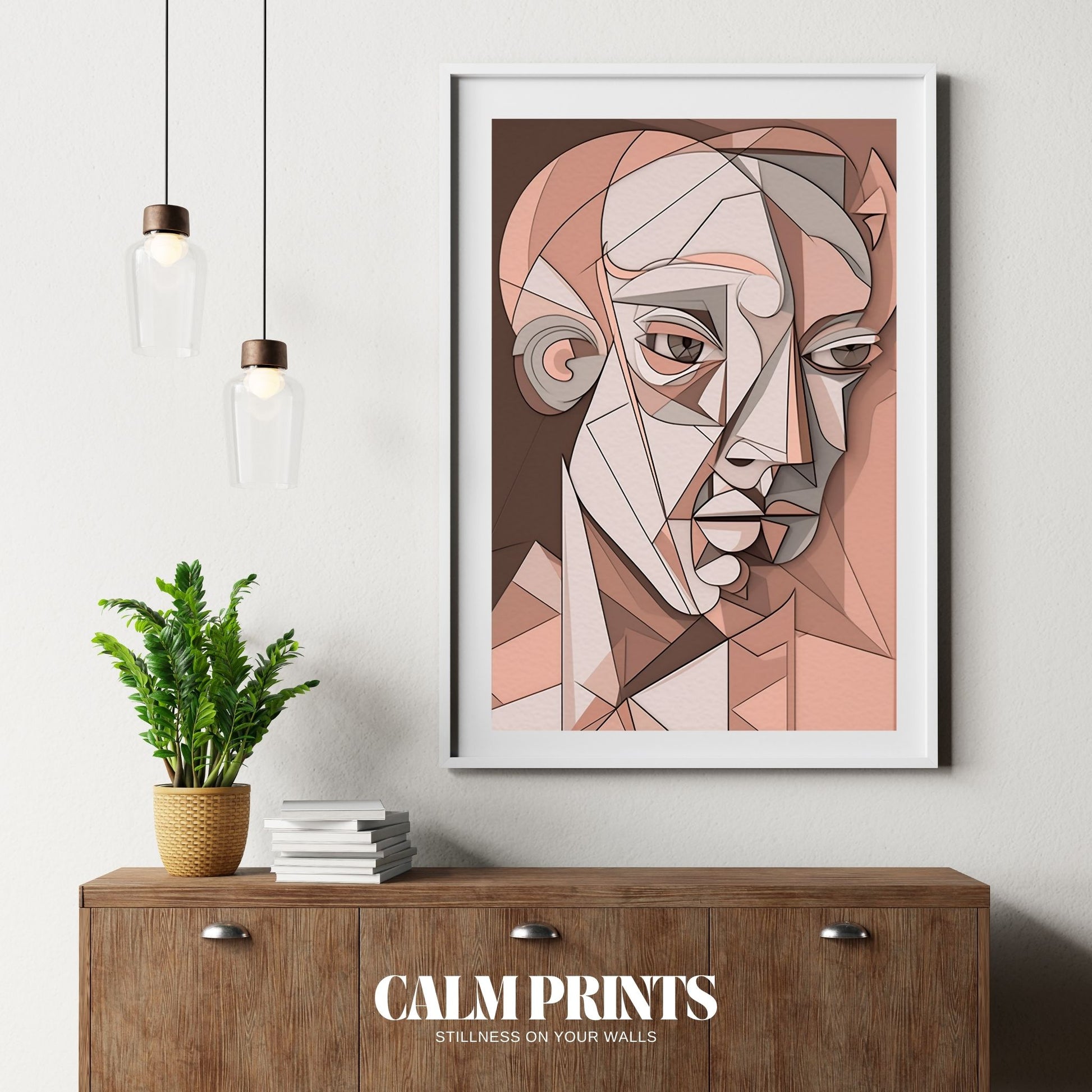 Abstract portrait featuring sharp lines and structured geometric shapes