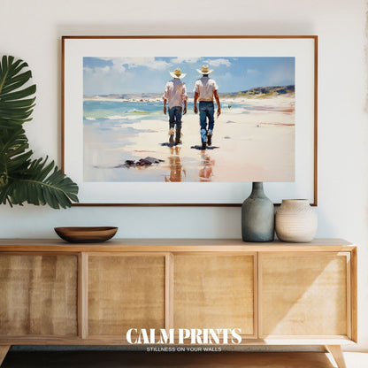 Silhouetted cowboys strolling peacefully along a reflective shoreline
