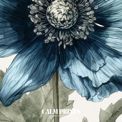 Ink drawing of a simple blue flower with graceful lines
