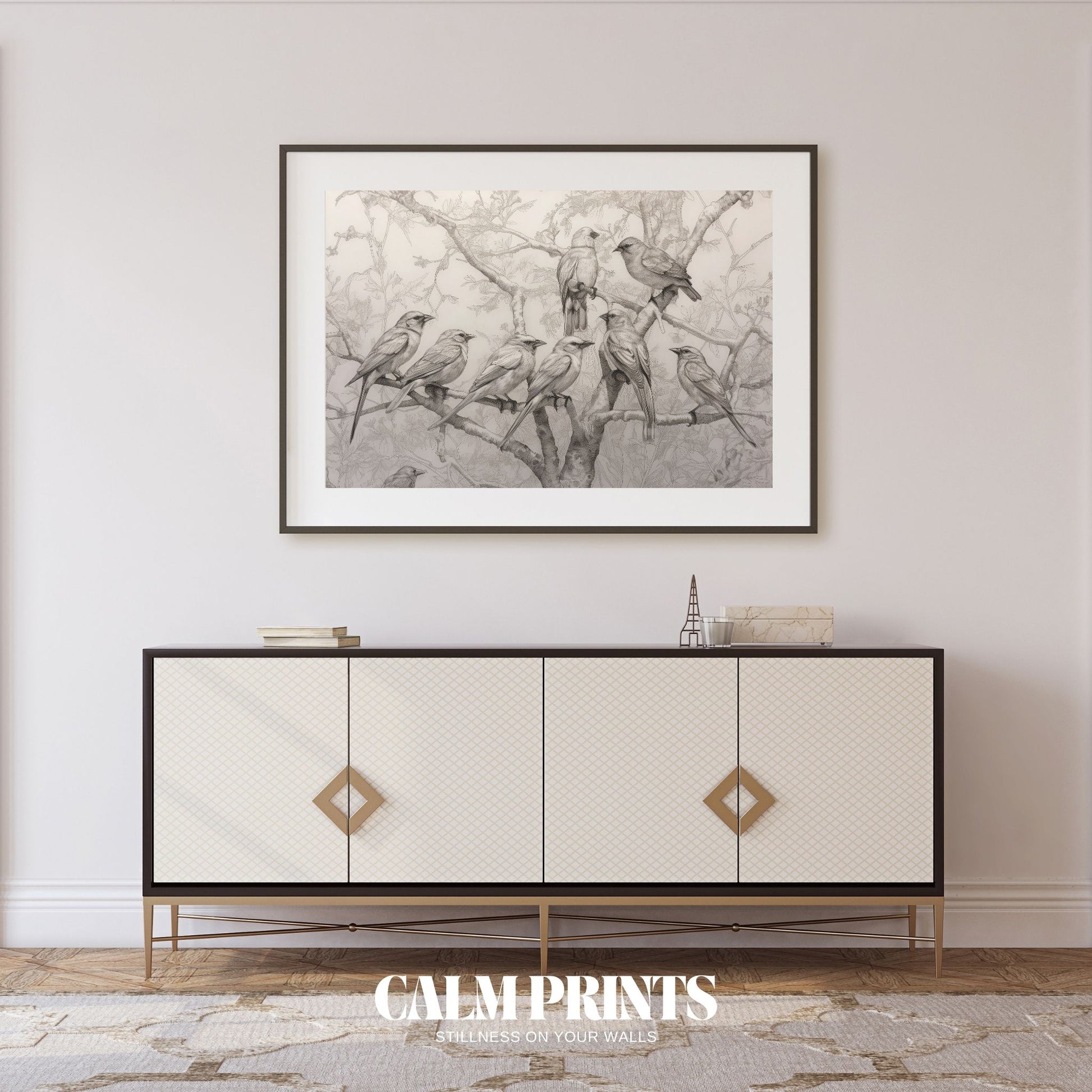 Print of hand-drawn birds perched gracefully among slender branches
