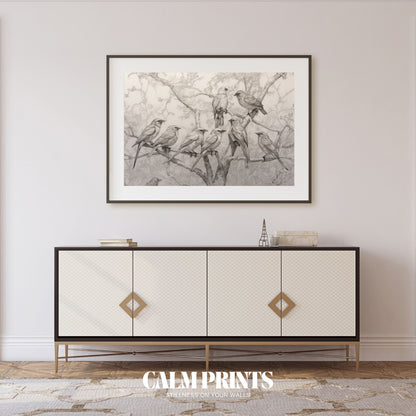 Print of hand-drawn birds perched gracefully among slender branches
