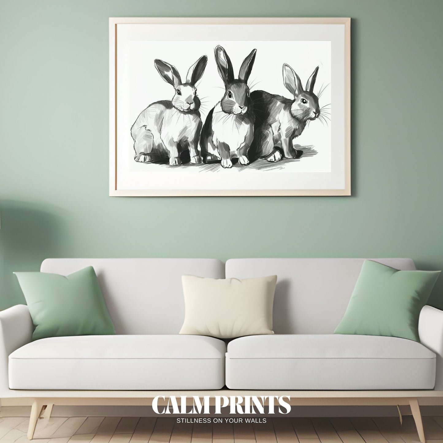 Wall art of sketched rabbits in monochrome with a calm, rustic feel
