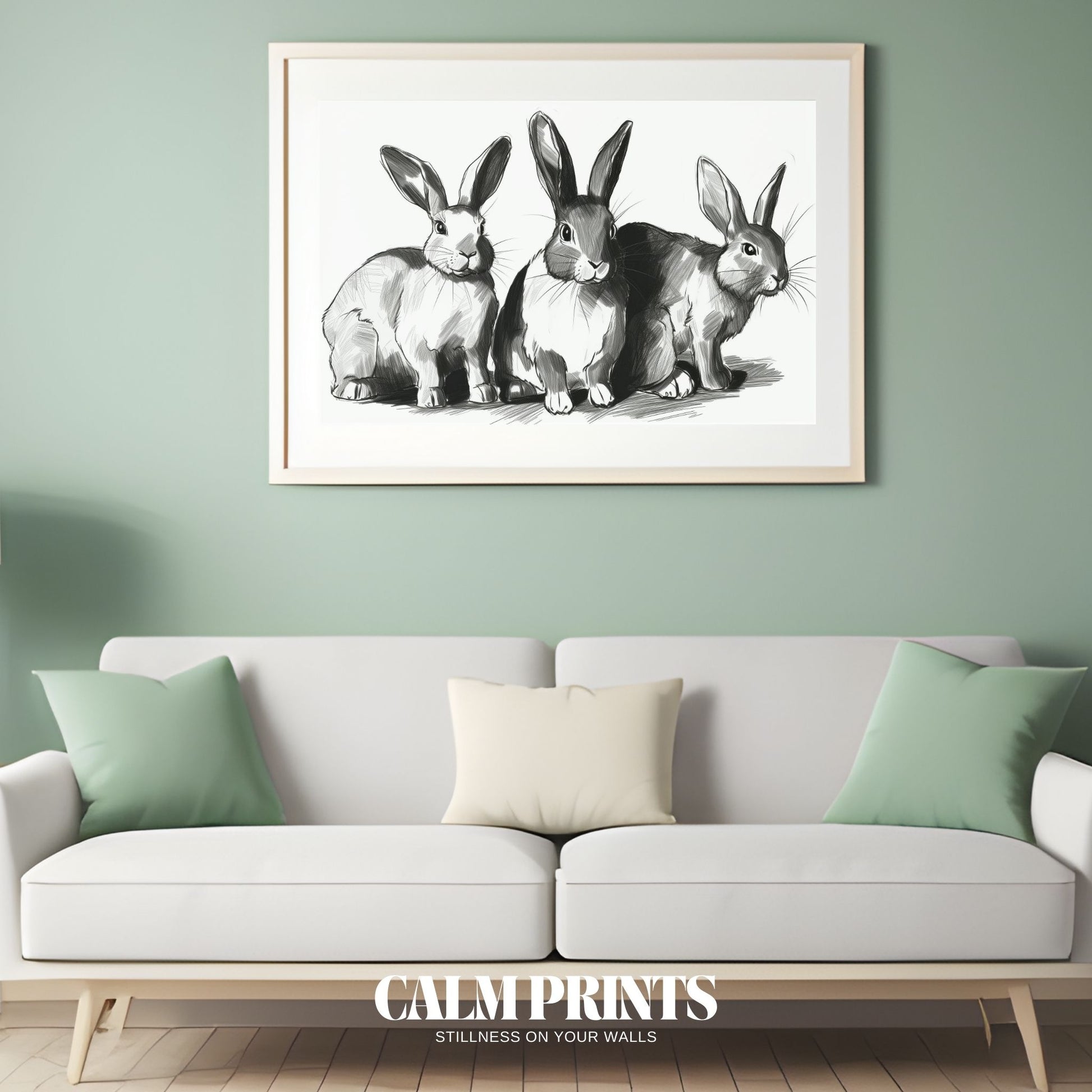 Wall art of sketched rabbits in monochrome with a calm, rustic feel
