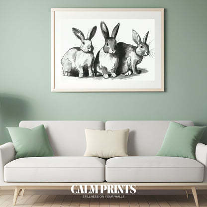Wall art of sketched rabbits in monochrome with a calm, rustic feel
