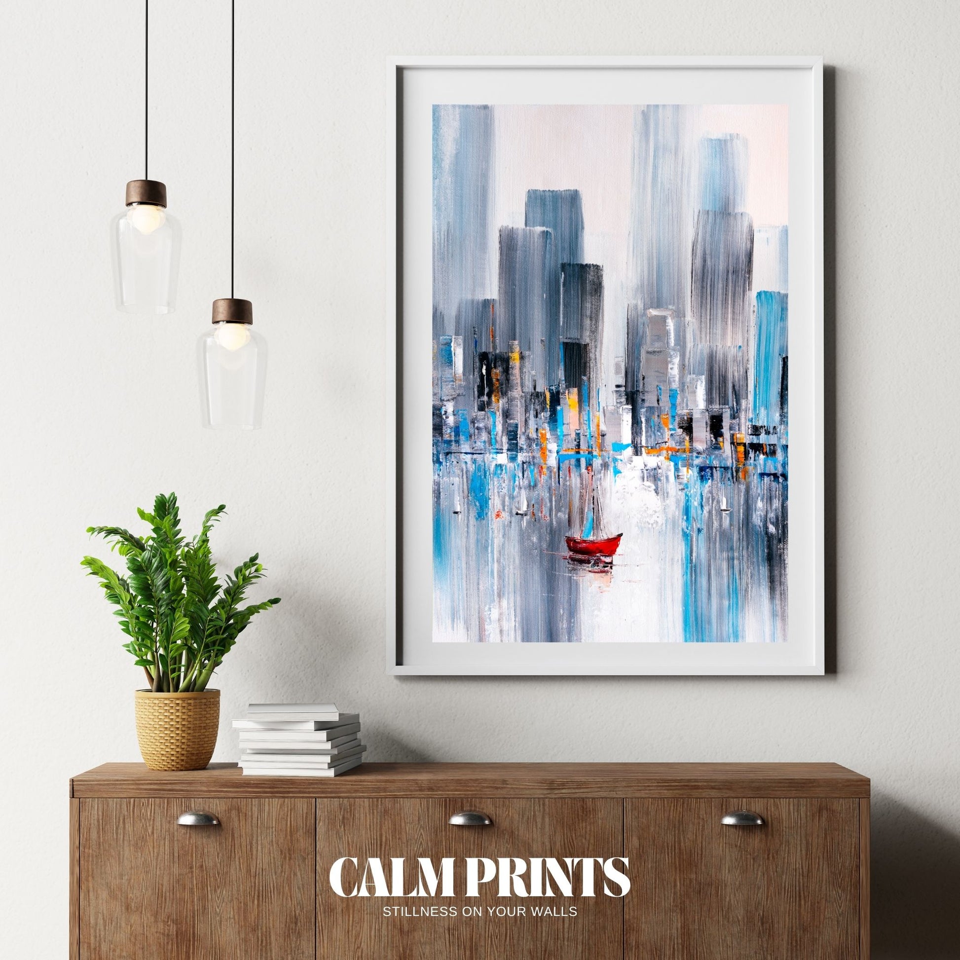 Abstract painting of skyscraper reflections on wet streets or water
