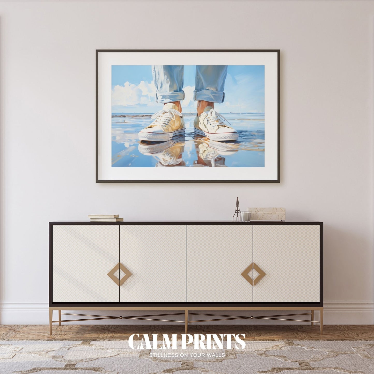 Sneakers mirrored in the shallow tide along a calm summer shoreline
