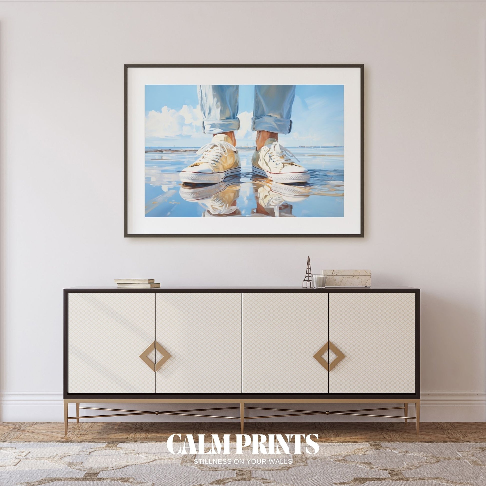 Sneakers mirrored in the shallow tide along a calm summer shoreline
