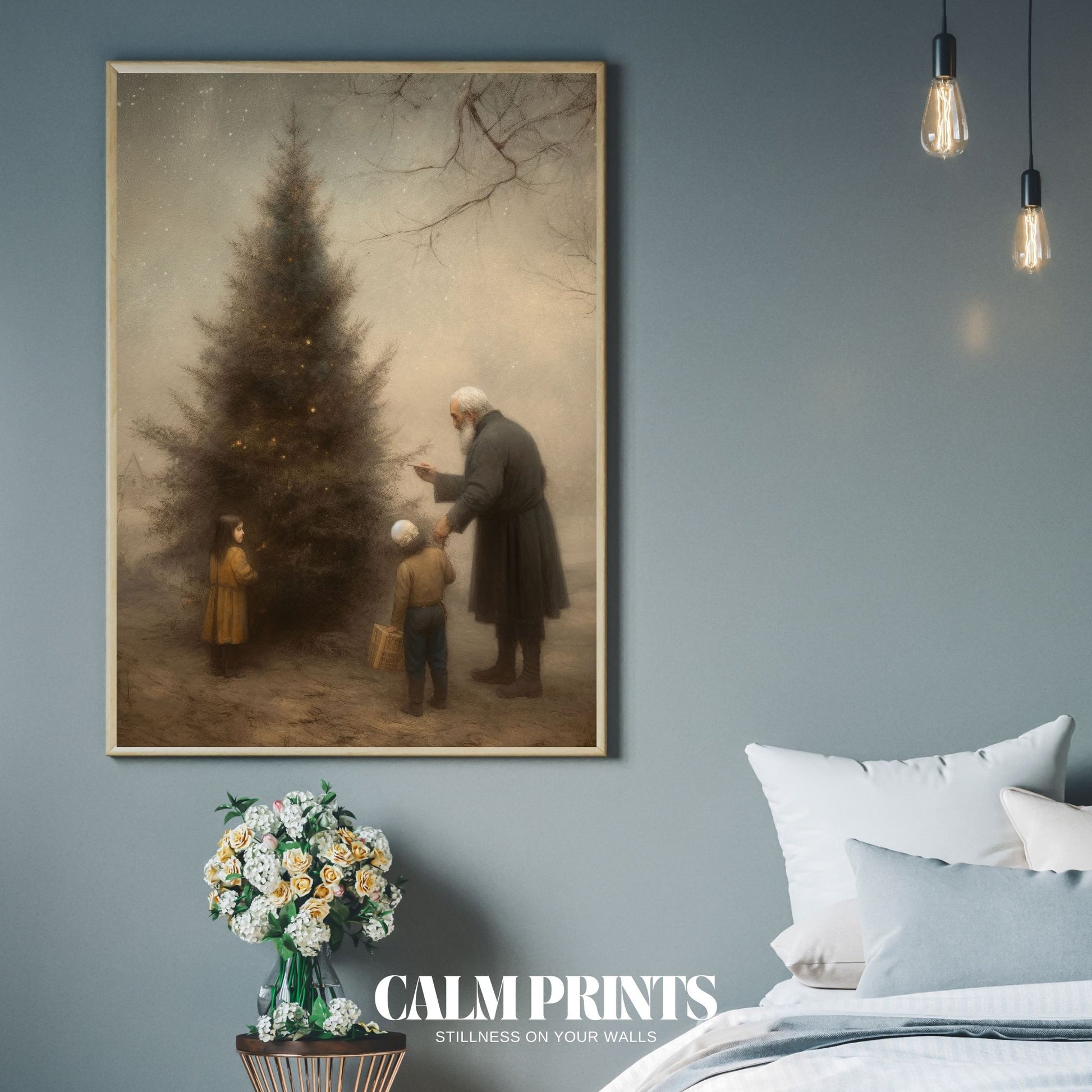 Festive winter scene with snow-covered trees and joyful decorations
