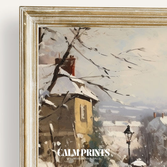 Artwork of a snow-covered village nestled in serene winter stillness
