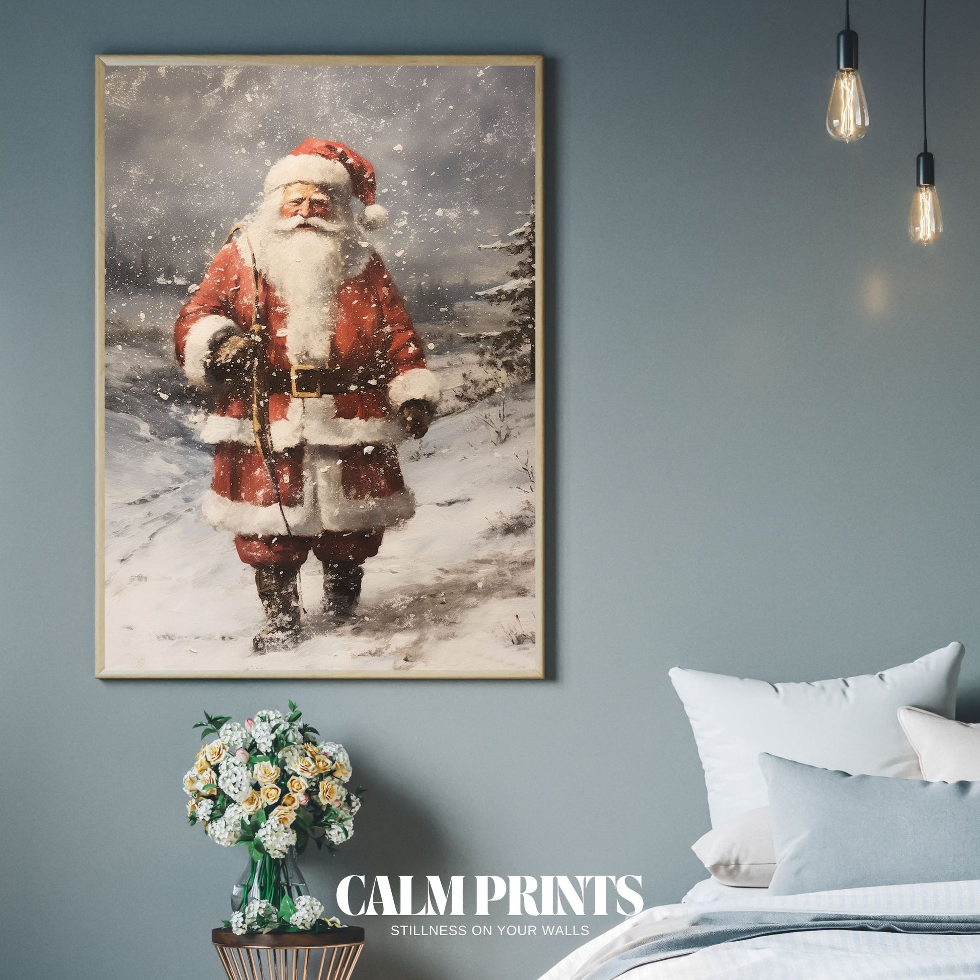 Father Christmas strolling through a snowy wonderland with holiday cheer
