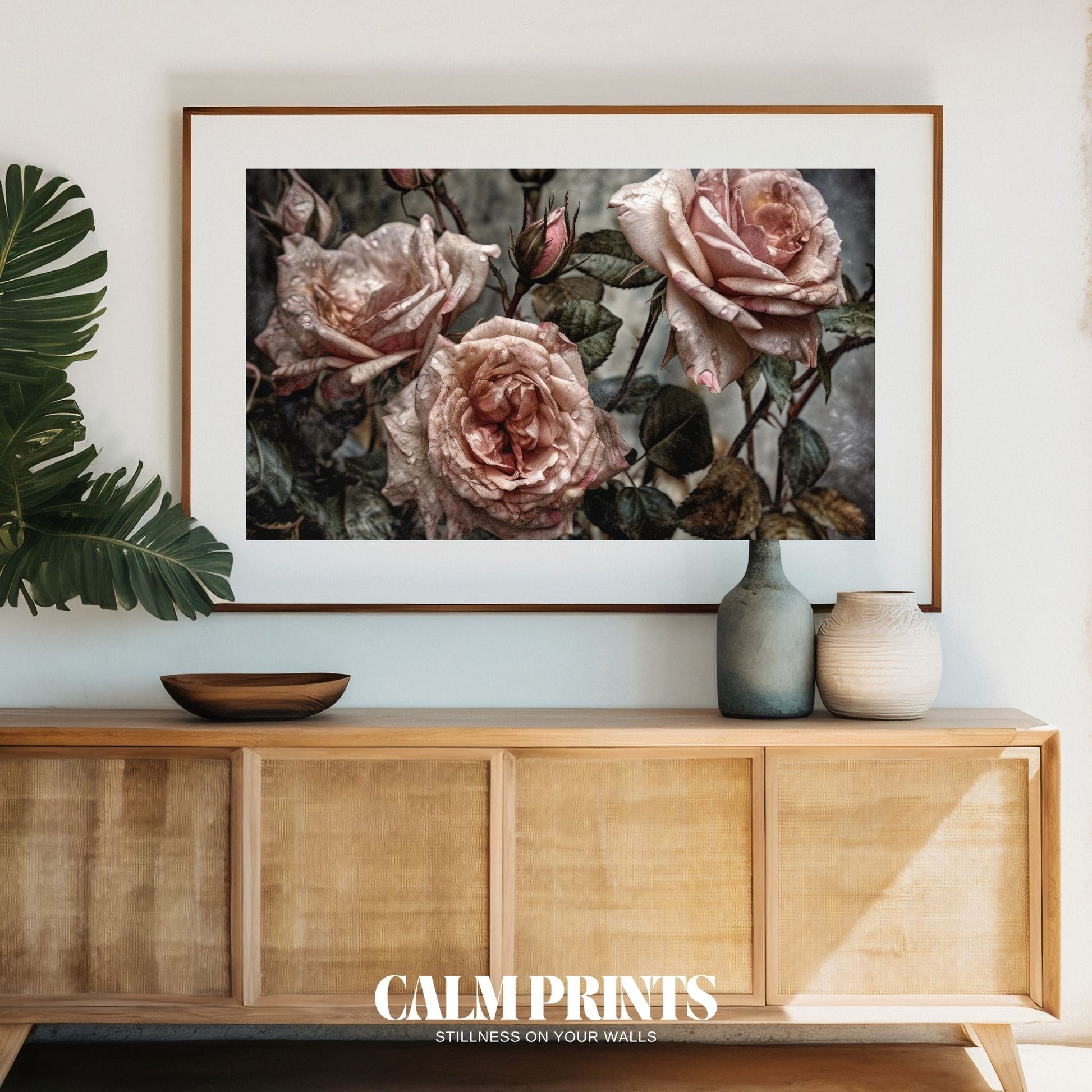 Artwork of blooming vintage roses with a subtle, dew-kissed charm
