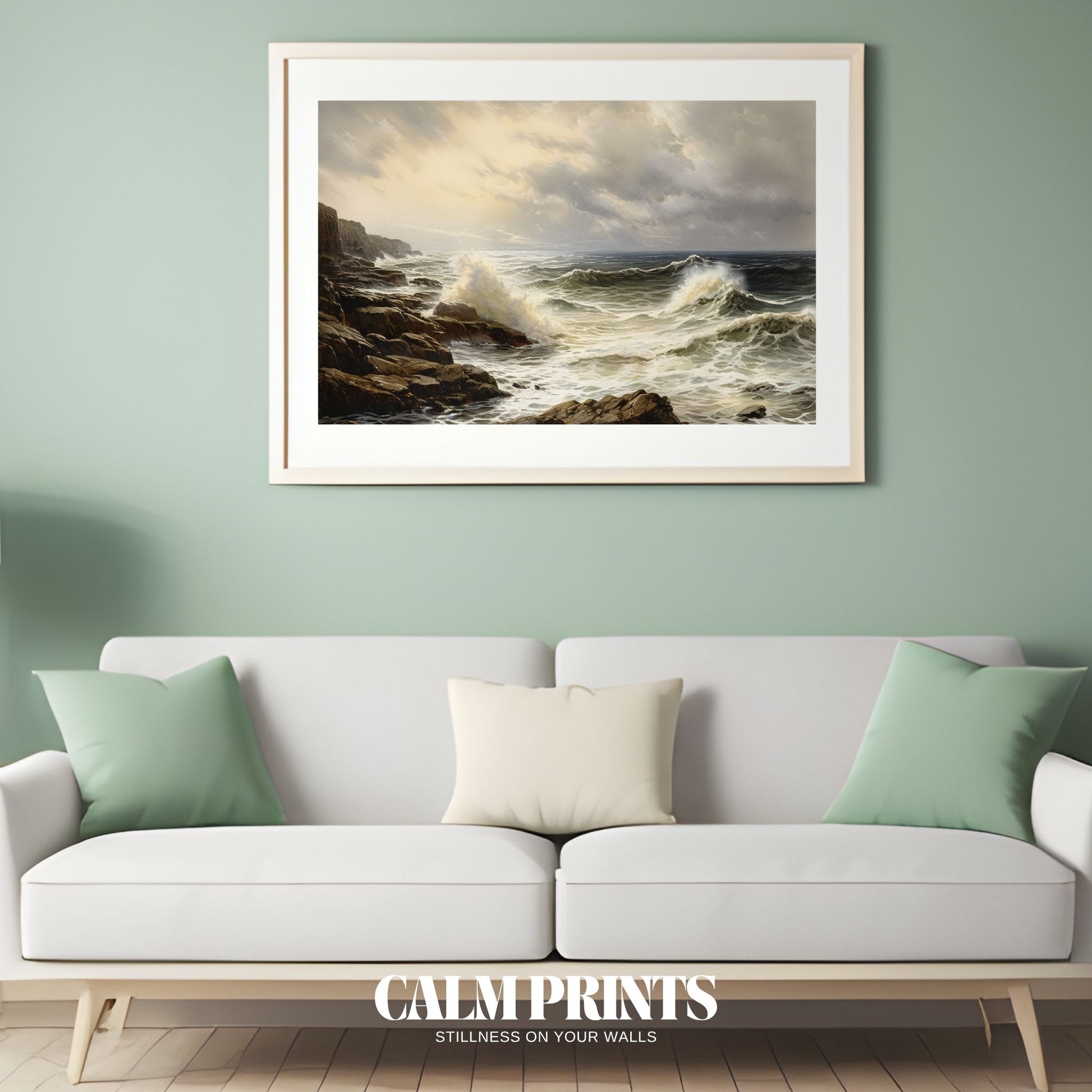 Soft blue waves embracing the coastal rocks in a soothing motion

